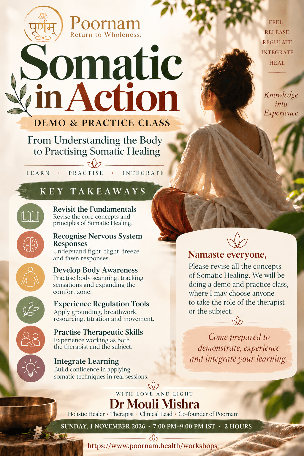 Poornam’s Somatic in Action workshop poster featuring Dr Mouli Mishra, key takeaways, and event details for 1 November 2026.