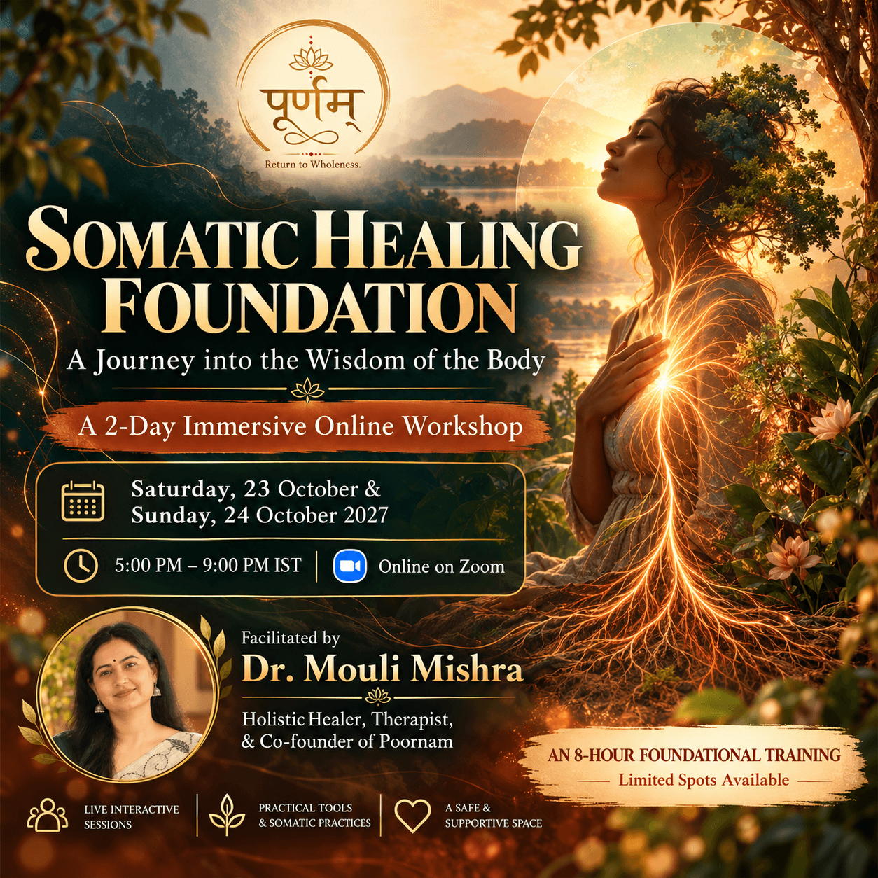 Promotional poster for Poornam’s “Somatic Healing Foundation,” a two-day immersive online workshop on 23–24 October 2027, from 5:00 PM to 9:00 PM IST